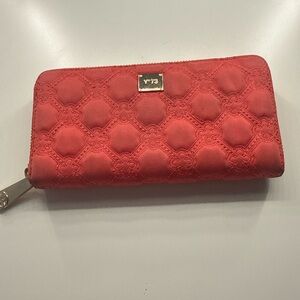 Red Quilted Zip-Around Wallet with Logo Plate